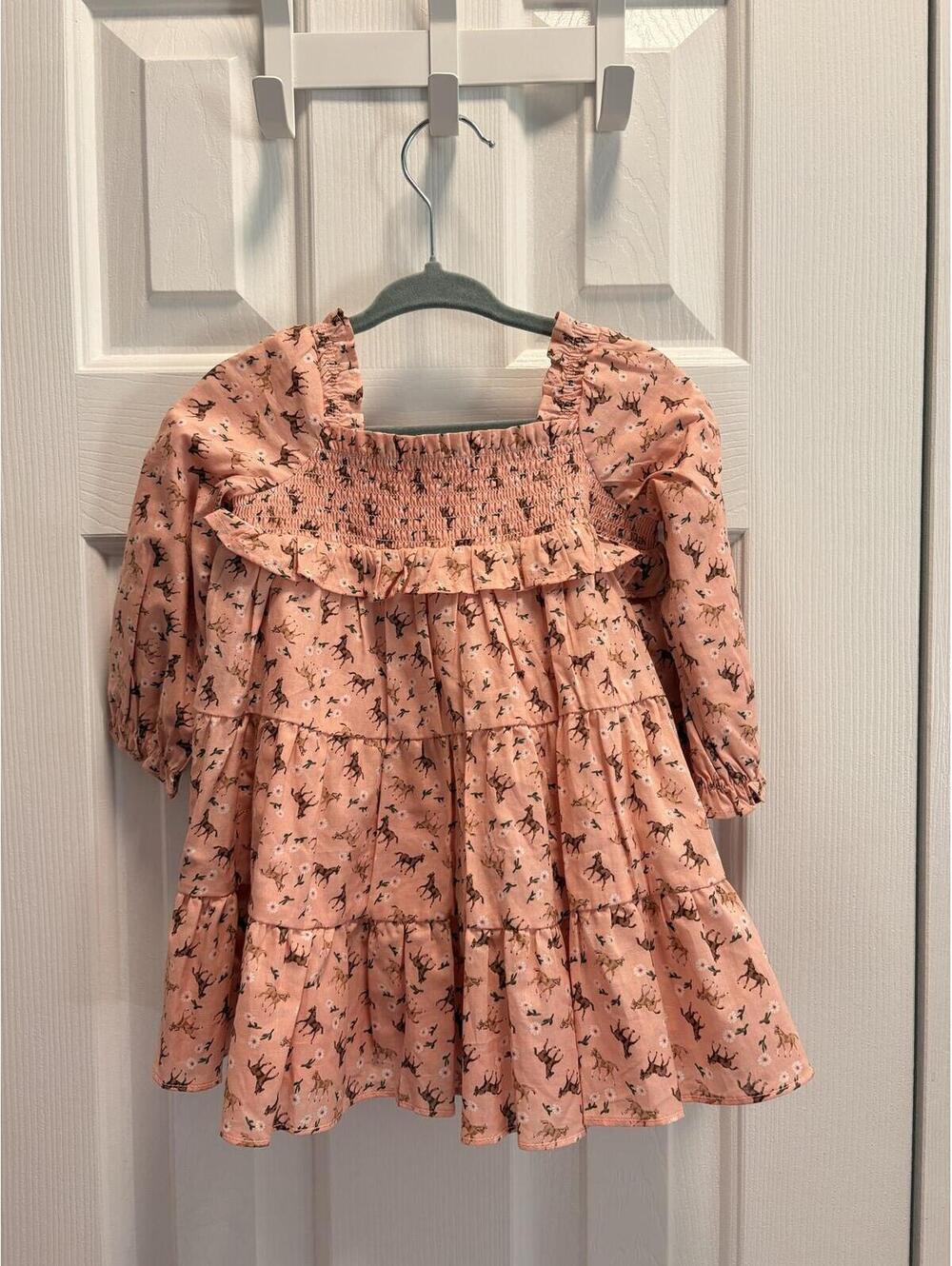 NWT Janie and Jack Peach Equestrian Horse Print Smocked Dress Baby 6-12 Months